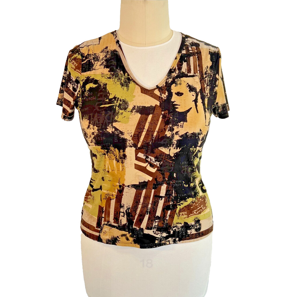 Peter Nygard - Women's XL Tee Shirt V-Neck Stretch Urban Grafitti Faces Print